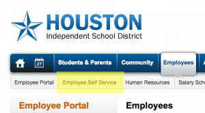 One way to access the employee self-service features is under the "Employee" tab on houstonisd.org.