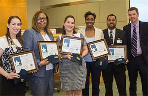 Principals of the inaugural Blue Star Award finalist schools accept congratulatory certificates on April 8 from Chief Human Resources Officer Andrew Houlihan (far R). Pictured from L-R are: Claudia Chavez (Crockett ES), Gabrielle Coleman (King ECC), Rosa Hernandez (Burbank MS), Monique Lewis (Fondren MS), and Ramon Moss (CVHS).