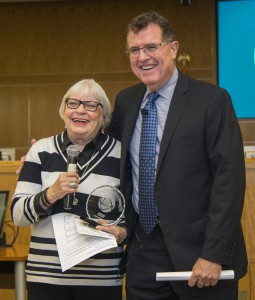 Houston ISD superintendent Dr. Terry Grier presents the Excellence in Leadership Award to Furr High School principal Dr. Bertie Simmons during the Professional Learning Series, Nov.  4, 2015.