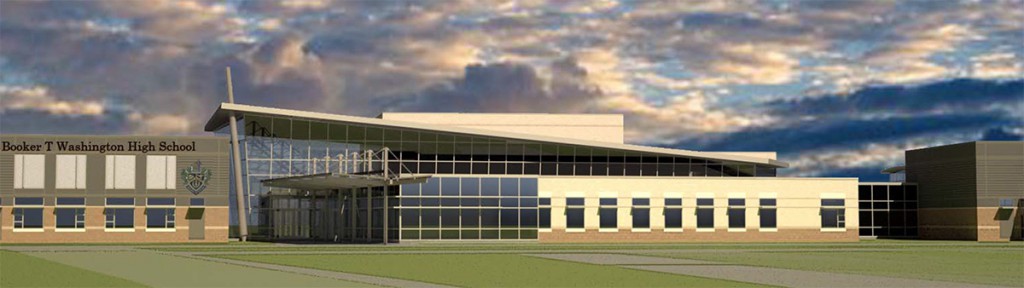A preliminary design concept shows the front of the new Booker T. Washington High School.