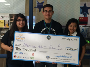 Madison HS seniors Jennifer Valle Camacho, Luis Pineda, and Idalia Castro won the Energy City of the Future 2050 finals and a check for $2,000 for their multi-part presentation on using biomass as an alternative energy source.