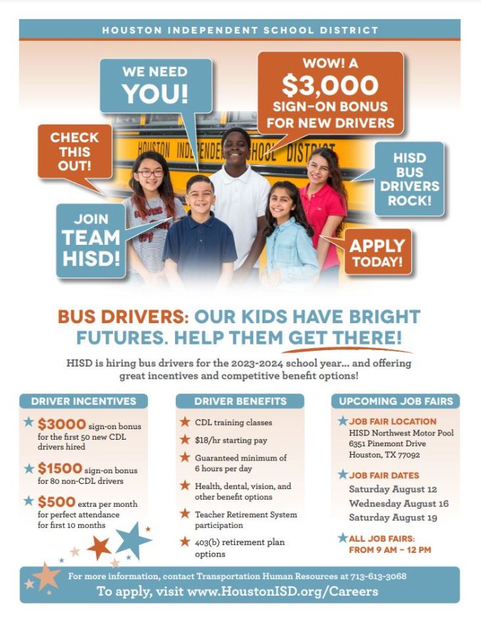 HISD offering 3,000 signon bonus for new bus drivers News Blog